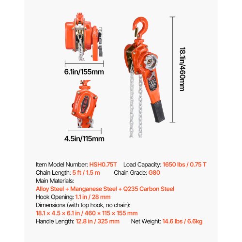 Manual Lever Chain Hoist 34T 1650LBS Capacity Heavy Duty Come Along 5FT