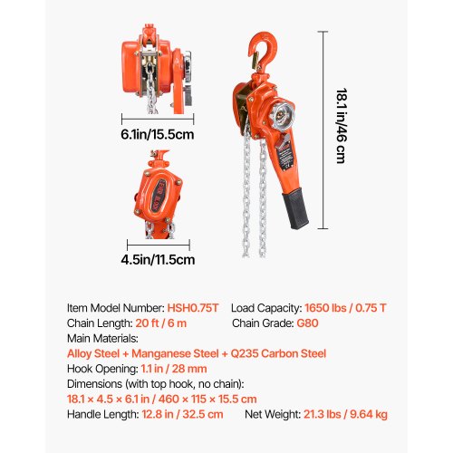 Manual Lever Chain Hoist 34T 1650LBS Capacity Heavy Duty Come Along 20FT