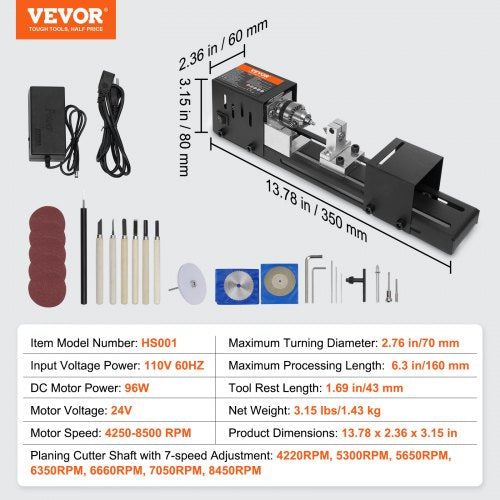 Compact Lathe Machine Dimensions 276 x 6.3 inches 24VDC 96W Includes