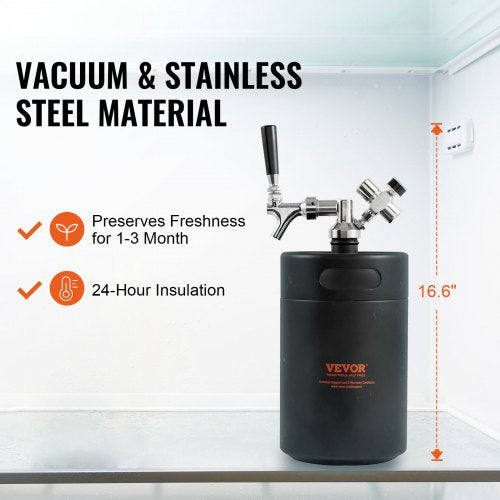 Beer Growler Tap System 170Oz 5L Mini Keg 304 Stainless Steel Pressurized