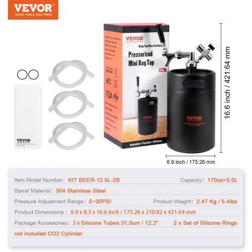Beer Growler Tap System 170Oz 5L Mini Keg 304 Stainless Steel Pressurized