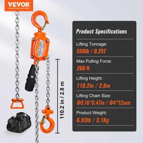 Manual Lever Chain Hoist 14 Ton 550 lbs Capacity 10 FT Come Along G80
