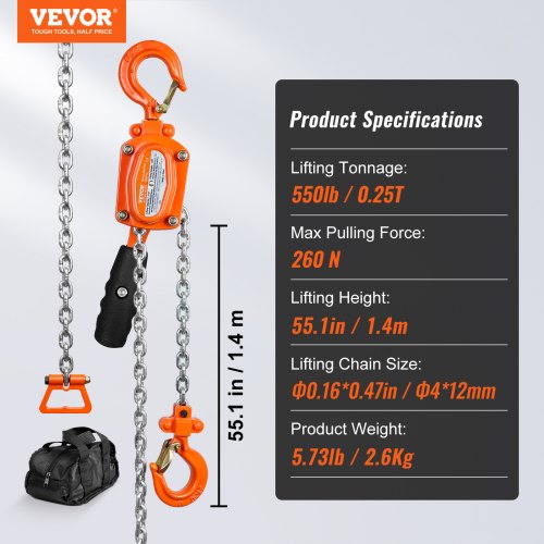 Manual Lever Chain Hoist 14 Ton 550 lbs Capacity 5 FT Come Along G80