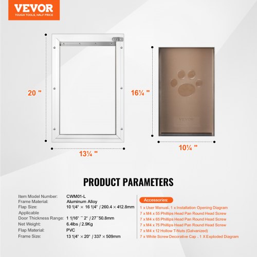 Pet Door 1327 x 2004 Aluminum Frame with Lock and Flap System