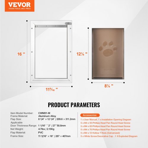 Pet Door 113 x 1602 Aluminum Frame with Lock and Flap System