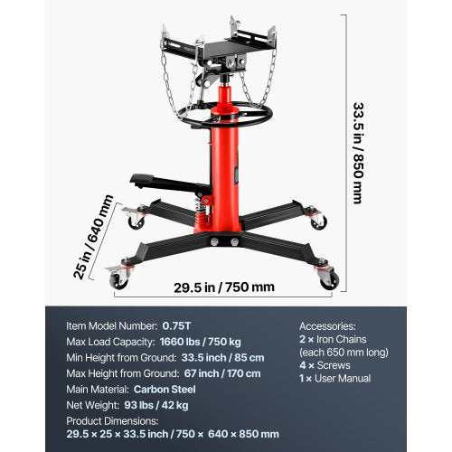 Transmission Jack075 Ton1660 lbs Capacity Hydraulic Telescopic