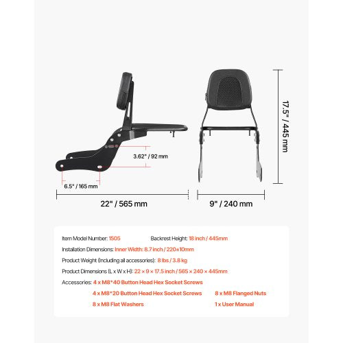 Motorcycle Backrest Sissy Bar with Luggage Rack Compatible with Honda Rebel