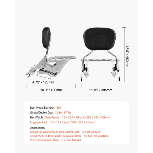 Motorcycle Backrest Sissy Bar with Luggage Rack Compatible with Luggage Rack