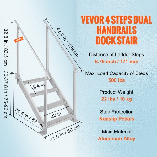 Dock Ladder 4 Step Dock Stairs 3038 Adjustable Height 500 lbs Load