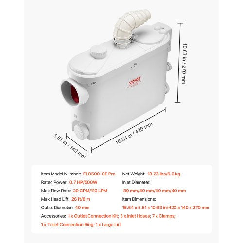 Macerator Pump 500W 29 GPM Flow 26 ft8 m Head Macerator WallHung