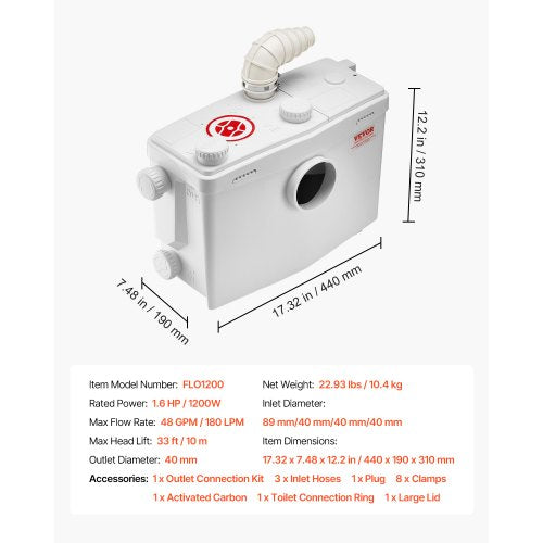 Macerator Pump 1200W 48 GPM Flow 33 ft10 m Head Macerator Sewerage