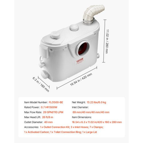 Macerator Pump 500W 29 GPM Flow 26 ft8 m Head Macerator Sewerage Toilet