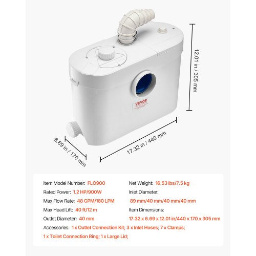 Macerator Pump 900W 48 GPM Flow 40 ft12 m Head Macerator Sewerage