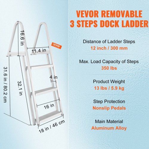 Dock Ladder Removable 3 Steps 350 lbs Load Capacity Aluminum Alloy