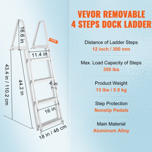 Dock Ladder Removable 4 Steps 350 lbs Load Capacity Aluminum Alloy