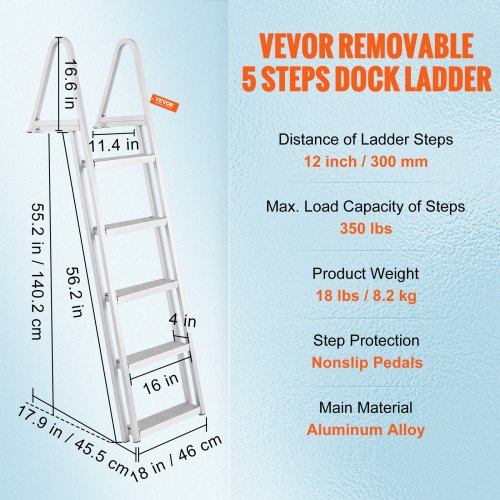 Removable Dock Ladder 5 Steps 350 lbs Load Capacity Pontoon Boat Ladder
