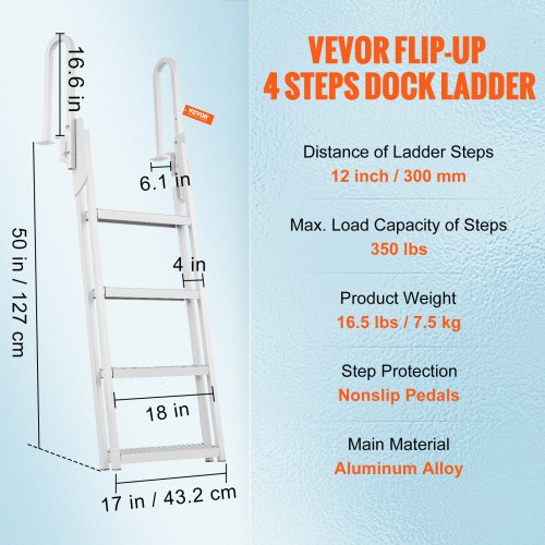 Dock Ladder Flip Up 4 Steps 350lbs Load Capacity Aluminum Pontoon Boat