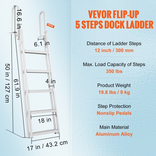 Dock Ladder Flip Up 5 Steps 350lbs Load Capacity Aluminum Pontoon Boat