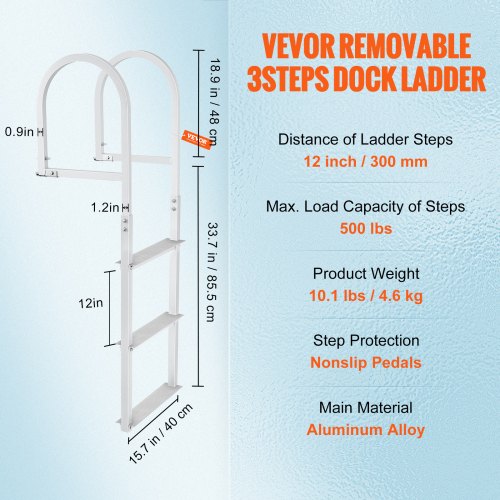 Dock Ladder Removable 3 Steps 500 lbs Load Capacity Aluminum Alloy