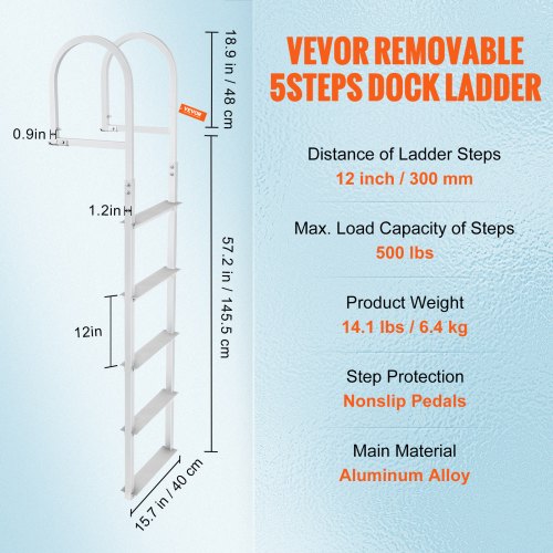 Dock Ladder Removable 5 Steps 500 lbs Load Capacity Aluminum Alloy