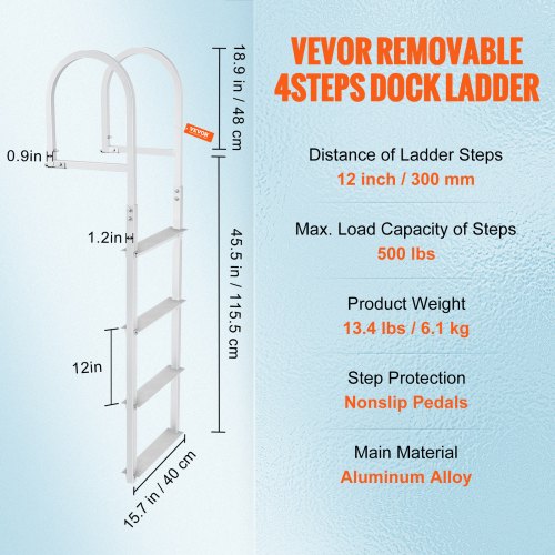 Dock Ladder Removable 4 Steps 500 lbs Load Capacity Aluminum Alloy