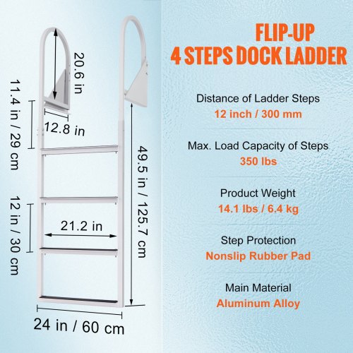 Dock Ladder FlipUp 4 Steps 350 lbs Load Capacity Aluminum Alloy Pontoon