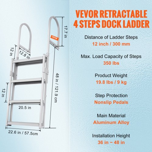 Dock Ladder Retractable 4 Steps 350 lbs Load Capacity Aluminum Alloy