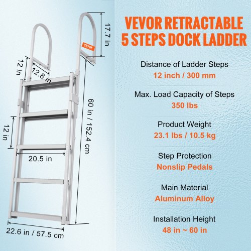 Dock Ladder Retractable 5 Steps 350 lbs Load Capacity Aluminum Alloy