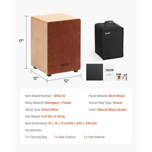 Cajon Box Drum Wooden Birchwood Percussion Instrument Snare Wires Travel Bag