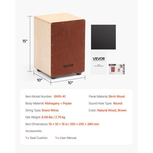 Cajon Box Drum Wooden Birchwood Compact Percussion Instrument with Snare