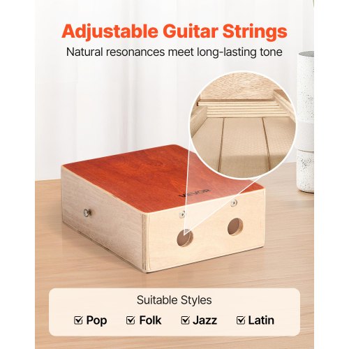 Cajon Box Drum Wood Percussion Instrument with Guitar Strings Travel Bag