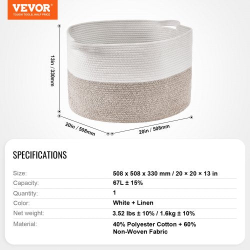 Blanket Basket 67L Cotton Rope Basket Woven Basket with Handles 20 x