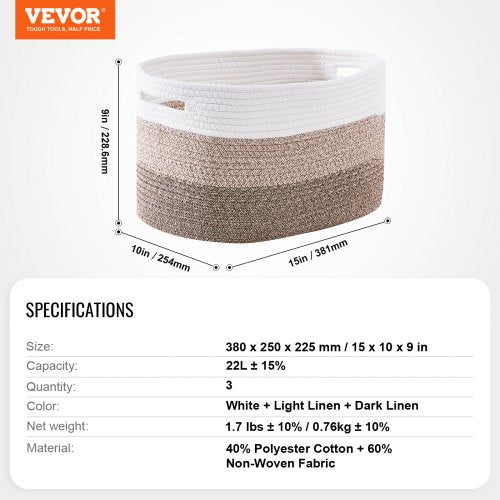 Cotton Rope Basket 22L 3 Packs Storage Basket Woven Basket Bins with Handles