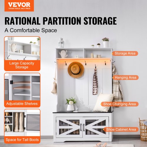 Hall Tree Entryway Bench LED Coat Rack with Shoe Storage 42 Wide Mudroom