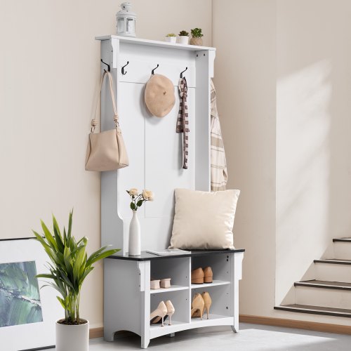 Hall Tree Entryway Bench Coat Rack with Shoe Storage 32 Wide Mudroom