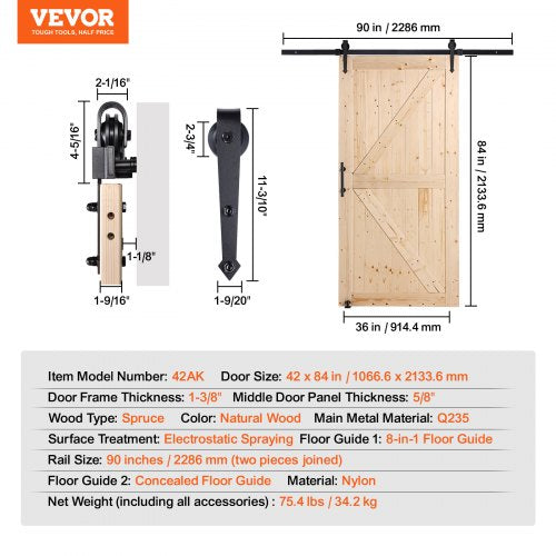 Barn Door and Hardware Kit 42 x 84 Wood Sliding Barn Door Smoothly and Hardware