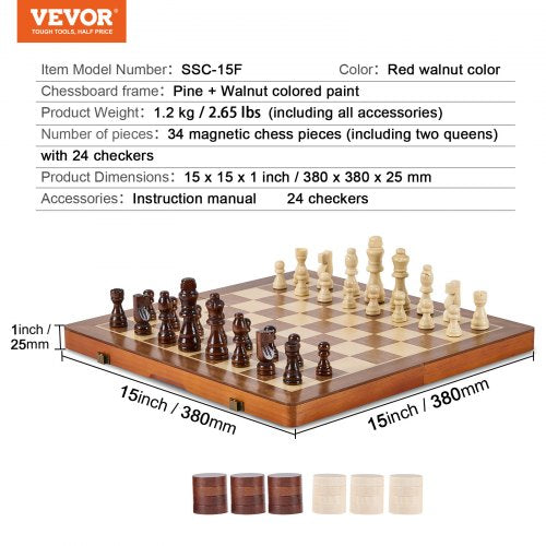 Magnetic Wooden Chess Set 15 inch 2IN1 Chess Checkers Game Set Folding