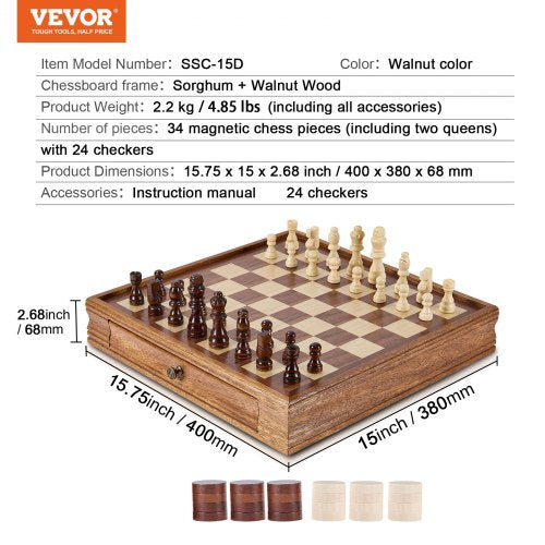 Solid Wood Chess Set 15 inch 2IN1 Chess Checkers Game Set Chess Board