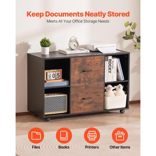 2 Drawer Wooden File Cabinet Mobile Filing Cabinet with Open Shelves