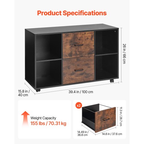 2 Drawer Wooden File Cabinet Mobile Filing Cabinet with Open Shelves