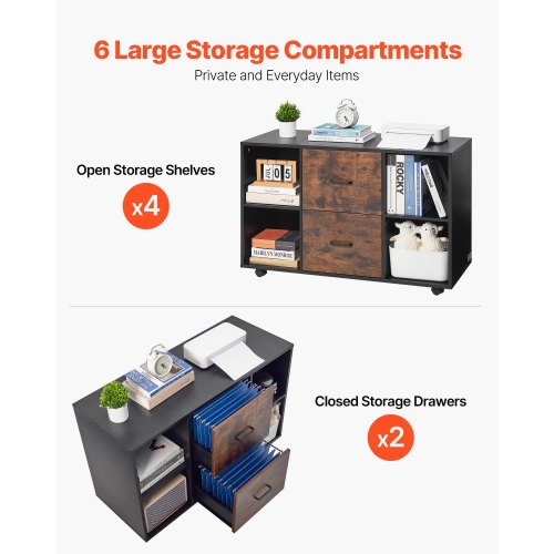 2 Drawer Wooden File Cabinet Mobile Filing Cabinet with Open Shelves