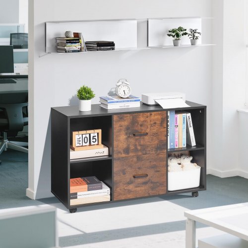 2 Drawer Wooden File Cabinet Mobile Filing Cabinet with Open Shelves