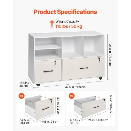 2 Drawer Wooden File Cabinet Mobile Filing Cabinet with Open Shelves 1