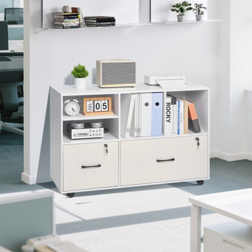 2 Drawer Wooden File Cabinet Mobile Filing Cabinet with Open Shelves 1