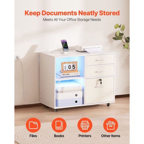 3 Drawer Wooden File Cabinet Mobile Filing Cabinet with Light Strip
