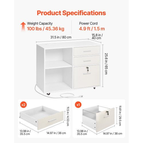 3 Drawer Wooden File Cabinet Mobile Filing Cabinet with Light Strip