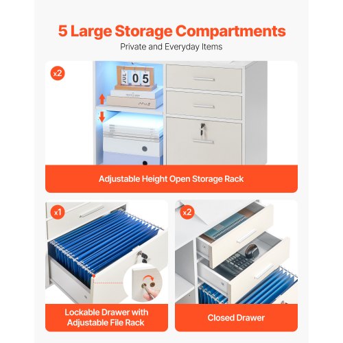 3 Drawer Wooden File Cabinet Mobile Filing Cabinet with Light Strip