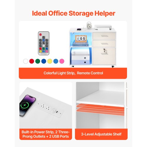 3 Drawer Wooden File Cabinet Mobile Filing Cabinet with Light Strip