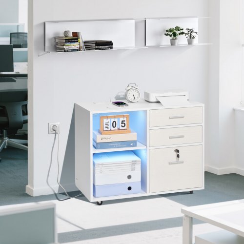 3 Drawer Wooden File Cabinet Mobile Filing Cabinet with Light Strip