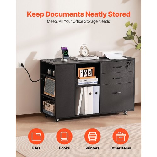 3 Drawer Wooden File Cabinet Mobile Filing Cabinet with Power Strip